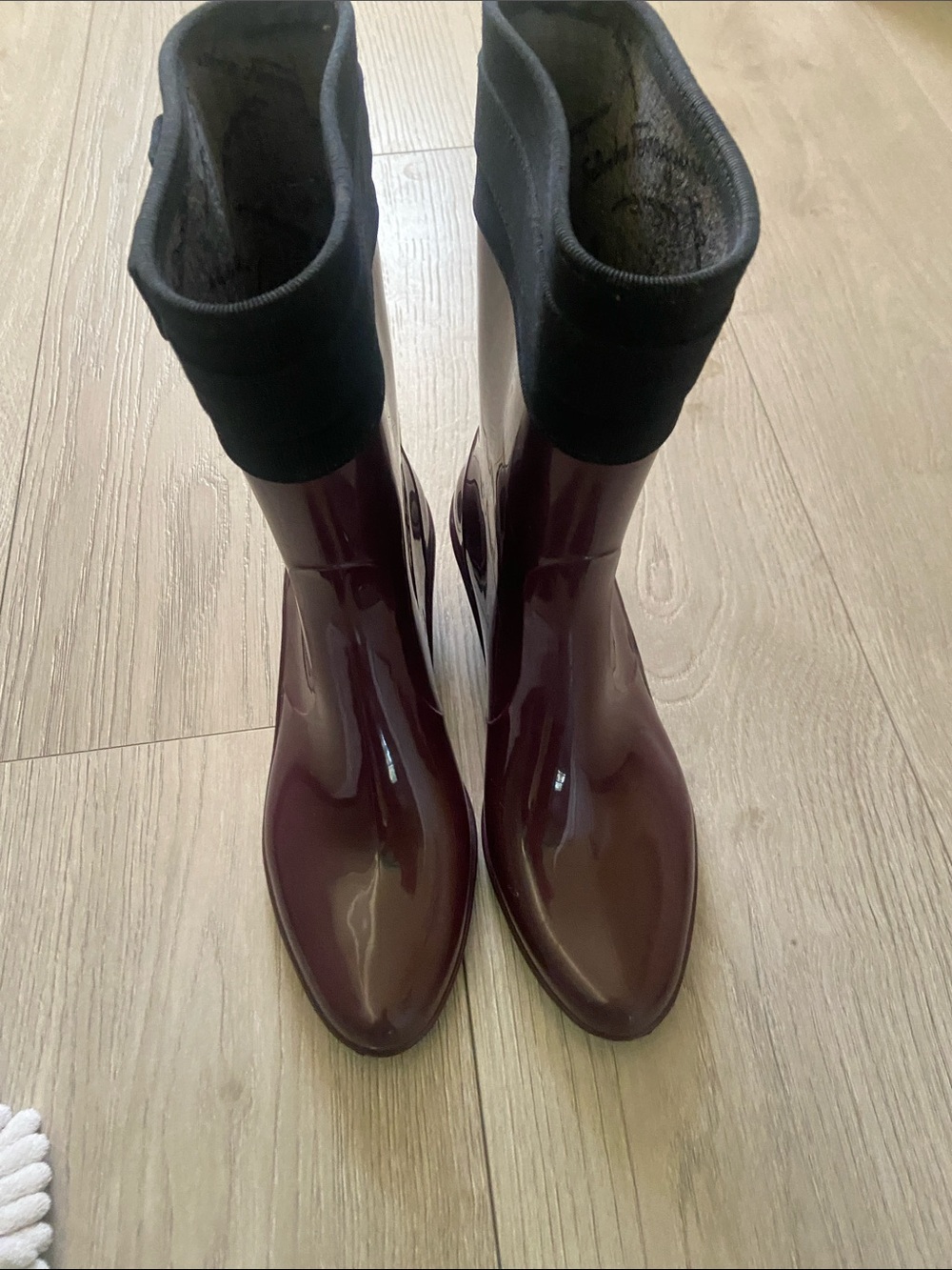 Salvatore Ferragamo Glossy Burgundy Rain Ankle Boots with Black Cuff